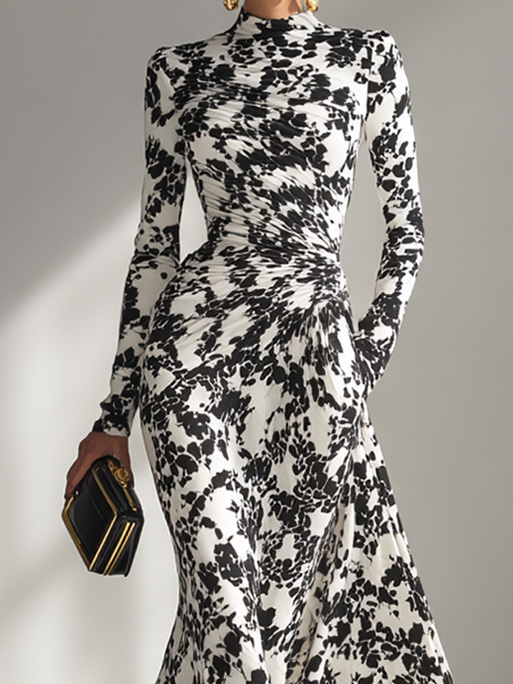 Women's Black And White Patterned Stretch Blend Wrap Dress MDA1295K1AP