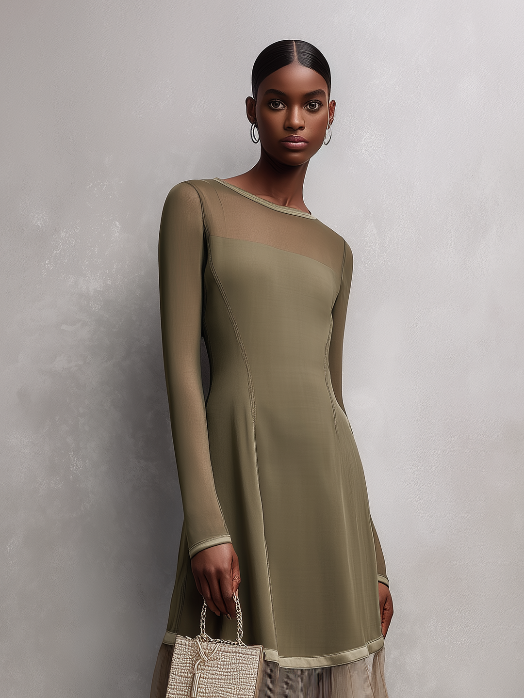 Women's Elegant Gray-green Round Neck Long-sleeved Slim-fit Stretch Knit Midi Dress MDA2329L4AN