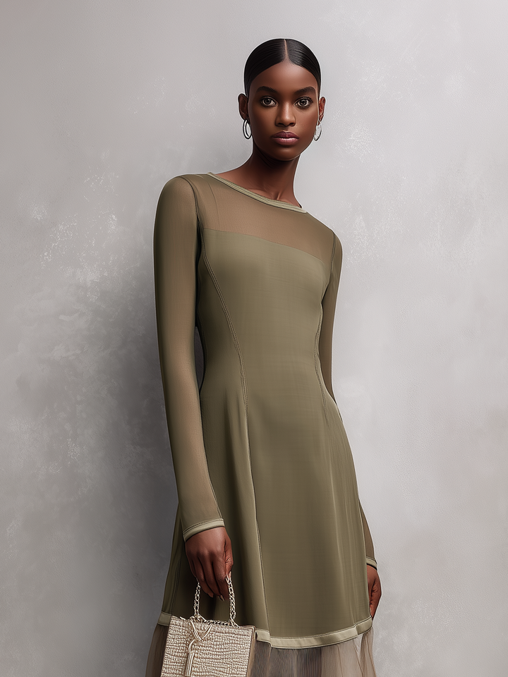 Women's Elegant Gray-green Round Neck Long-sleeved Slim-fit Stretch Knit Midi Dress MDA2329L4AN