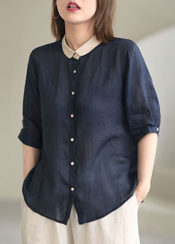 Beautiful Navy Peter Pan Collar Button Loose Fall Half Sleeve Shirt Tops
