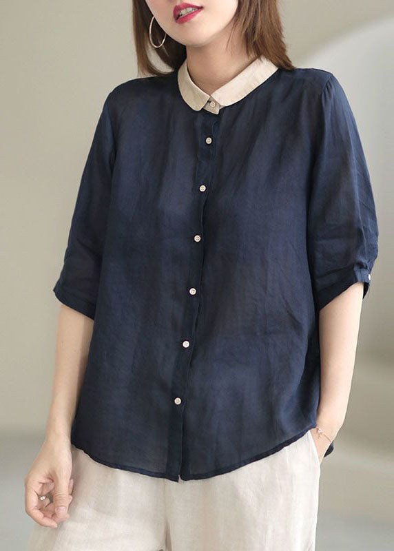 Beautiful Navy Peter Pan Collar Button Loose Fall Half Sleeve Shirt Tops