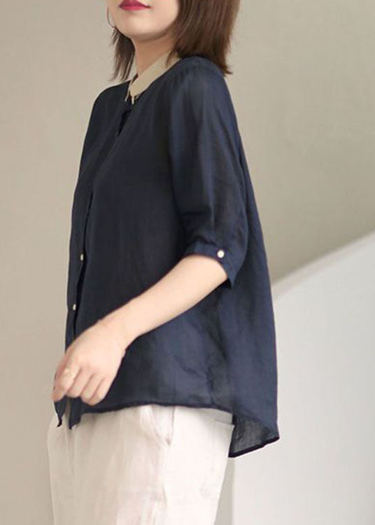 Beautiful Navy Peter Pan Collar Button Loose Fall Half Sleeve Shirt Tops
