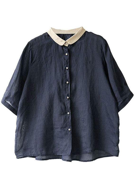 Beautiful Navy Peter Pan Collar Button Loose Fall Half Sleeve Shirt Tops