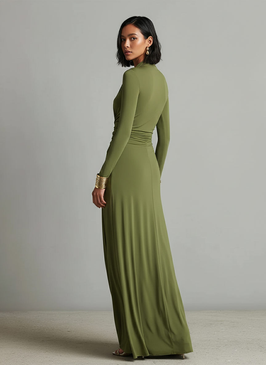 Women's Olive Silky Stretchy Dress With Deep V-Neck & Ruched Detail, Glamorous Maxi Dress MDA0509L8I