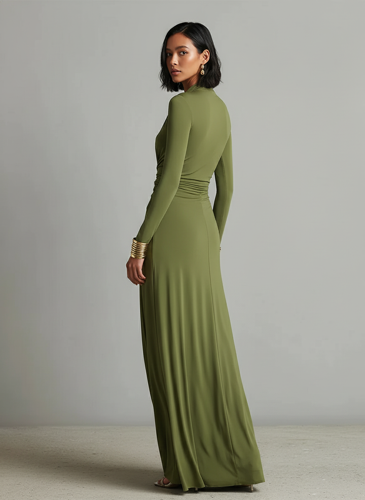 Women's Olive Silky Stretchy Dress With Deep V-Neck & Ruched Detail, Glamorous Maxi Dress MDA0509L8I