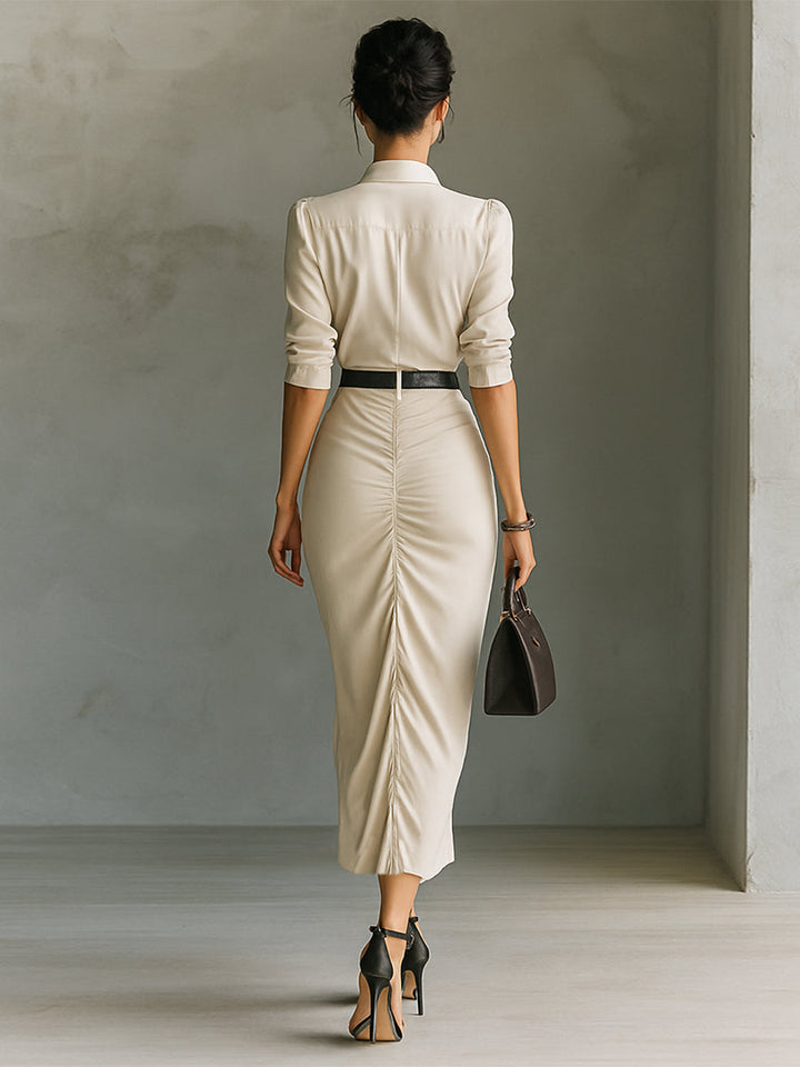 Women's Solid Color Lapel Single-breasted Mid-length Sleeve Belt Maxi Dress MDA0816G7Y