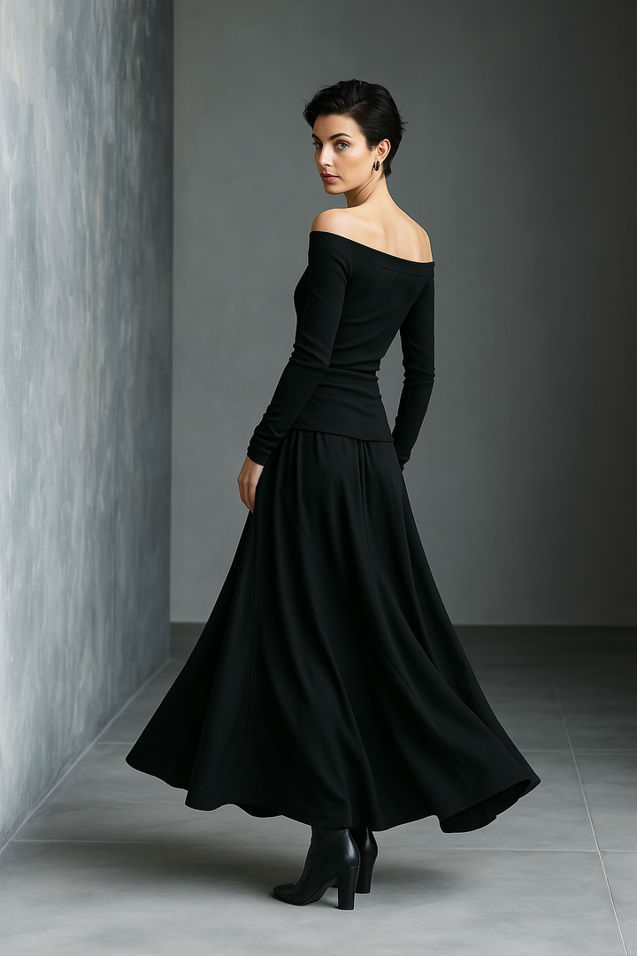 Women's Black Knit Off-Shoulder Fitted Top And Chiffon Skirt Set MDA1430K2T