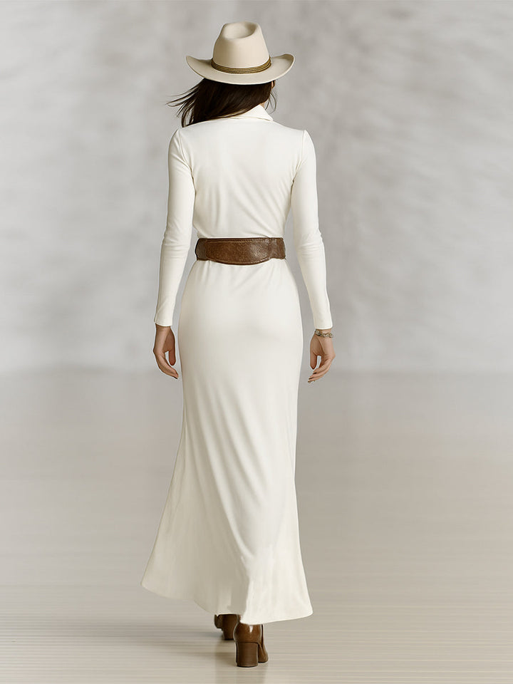 Women's Lapel Long Sleeve Waist-tightening Maxi Dress (without Belt)MDA2480G9Y