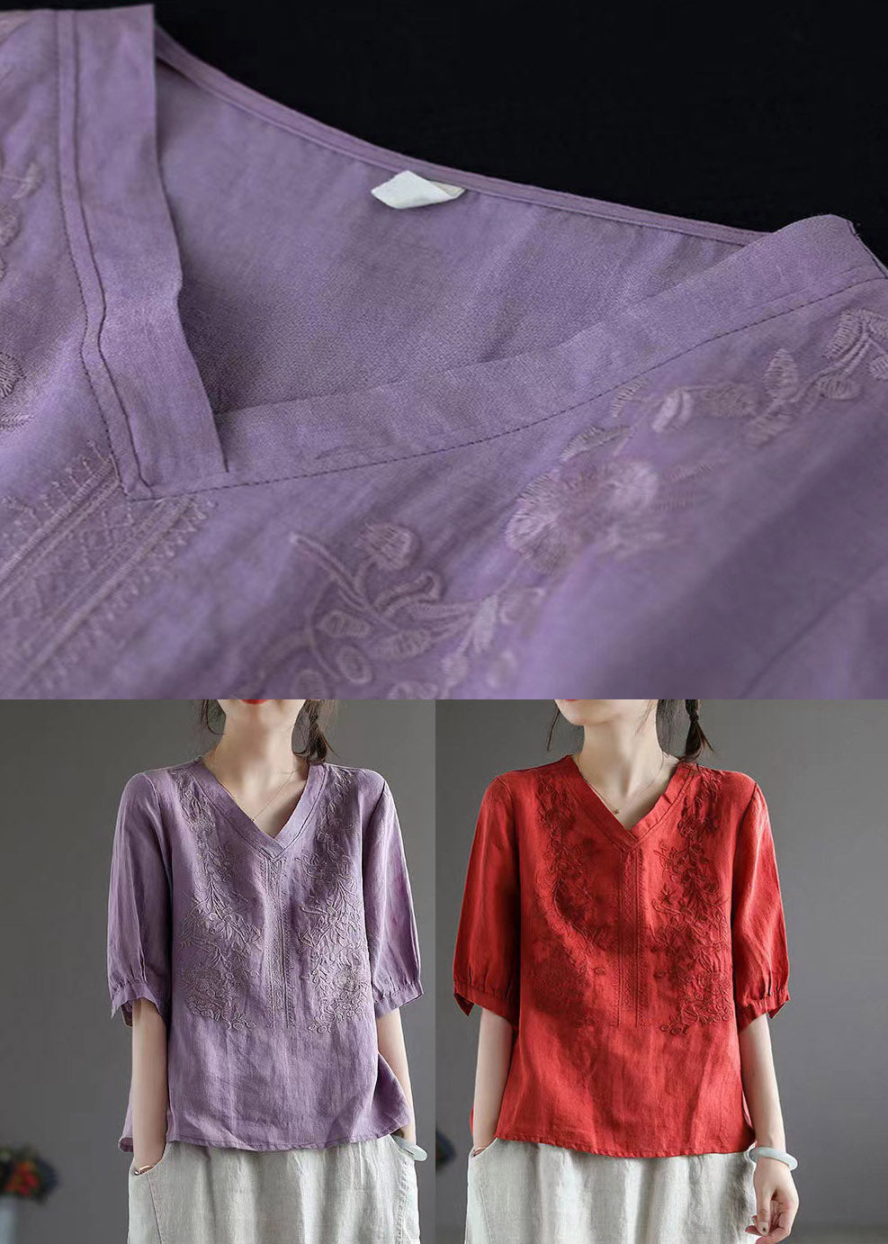 Vintage Red V Neck Embroideried Top Half Sleeve