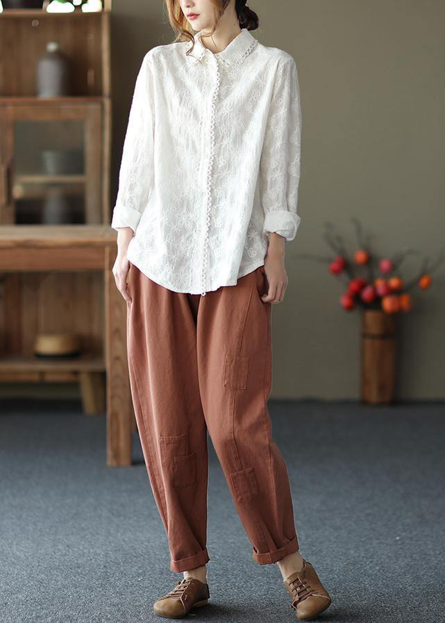 Women White Embroidery shirts Lapel white button loose Spring blouse