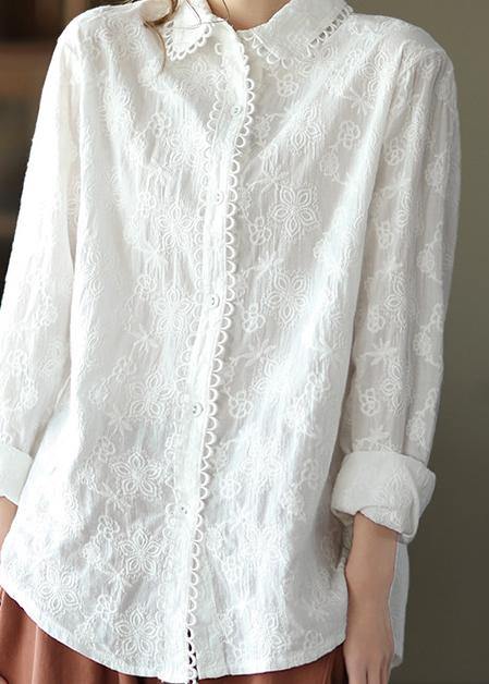 Women White Embroidery shirts Lapel white button loose Spring blouse