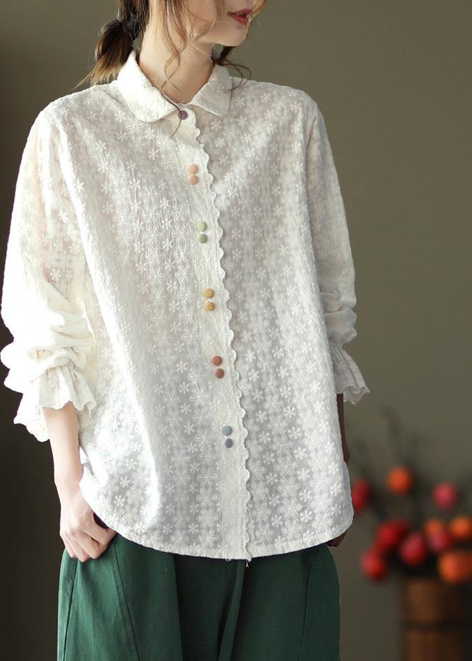 Women White Embroidery shirts Lapel white button loose Spring blouse
