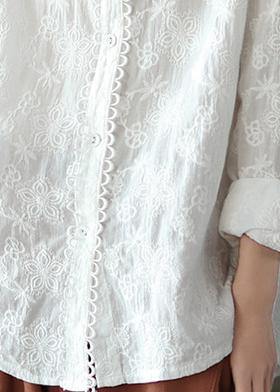 Women White Embroidery shirts Lapel white button loose Spring blouse