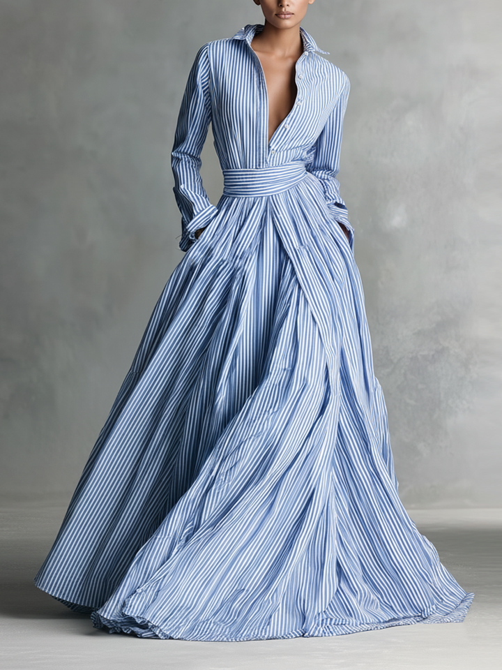 Women's Striped Polyester-cotton Blend Shirt Collar Belt Maxi Dress MDA0656K7Y