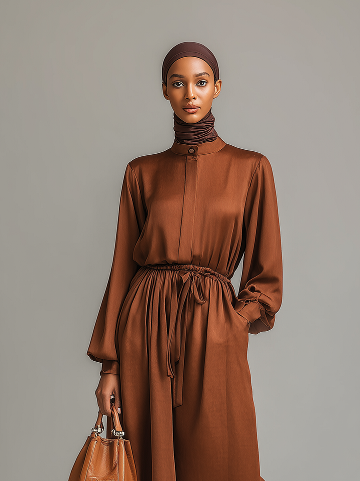 Women's Elegant Brown Satin Round Neck Long Sleeve Midi Dress With Gathered Waist MDA2346L8AN