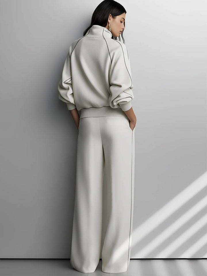 Women's Beige Textured Knit Co-Ord Set With Contrast Piping & Pleated Pants, Effortless Chic Style Set MDA2765J1I