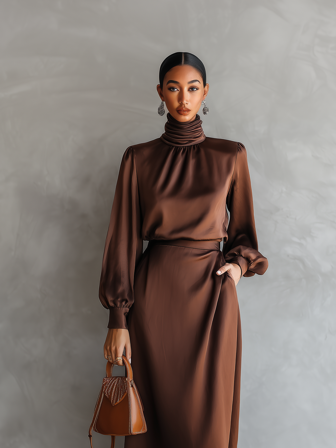 Women's Elegant Brown Satin Round Neck Long Sleeve Loose Midi Dress MDA2301L2AN