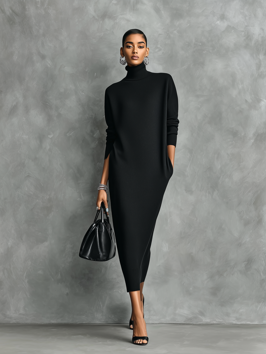 Women's Elegant Black Knitted Turtleneck Long-sleeved Loose-fitting Maxi Dress With No Pockets MDA1974L7AN