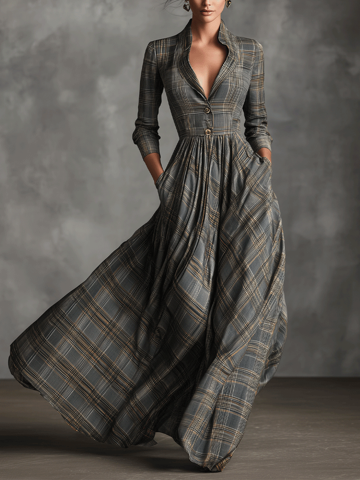 Women's Grey Sophisticated Tartan - Patterned Linen - Blend Flared Maxi Dress MDA0222I7I