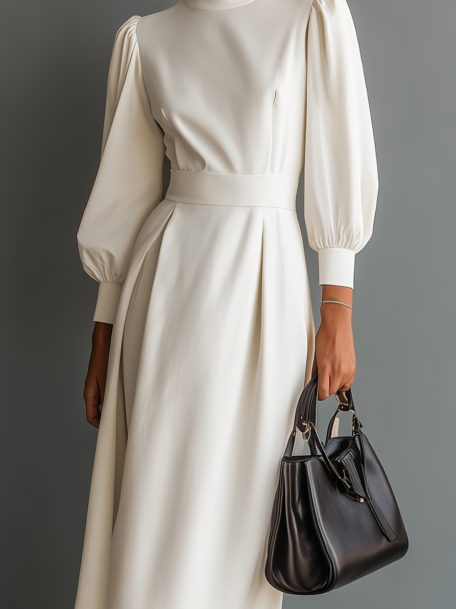Women's Elegant White Slightly Stretchy Knit Round Neck Long Sleeve Slim Fit Midi Dress MDA2313L4AN