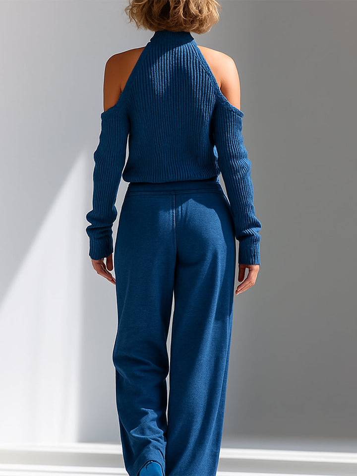 Women's Blue Elegant Ribbed Knit Cold - Shoulder Sweater And Wide - Leg Pants Set MDA1591I8I