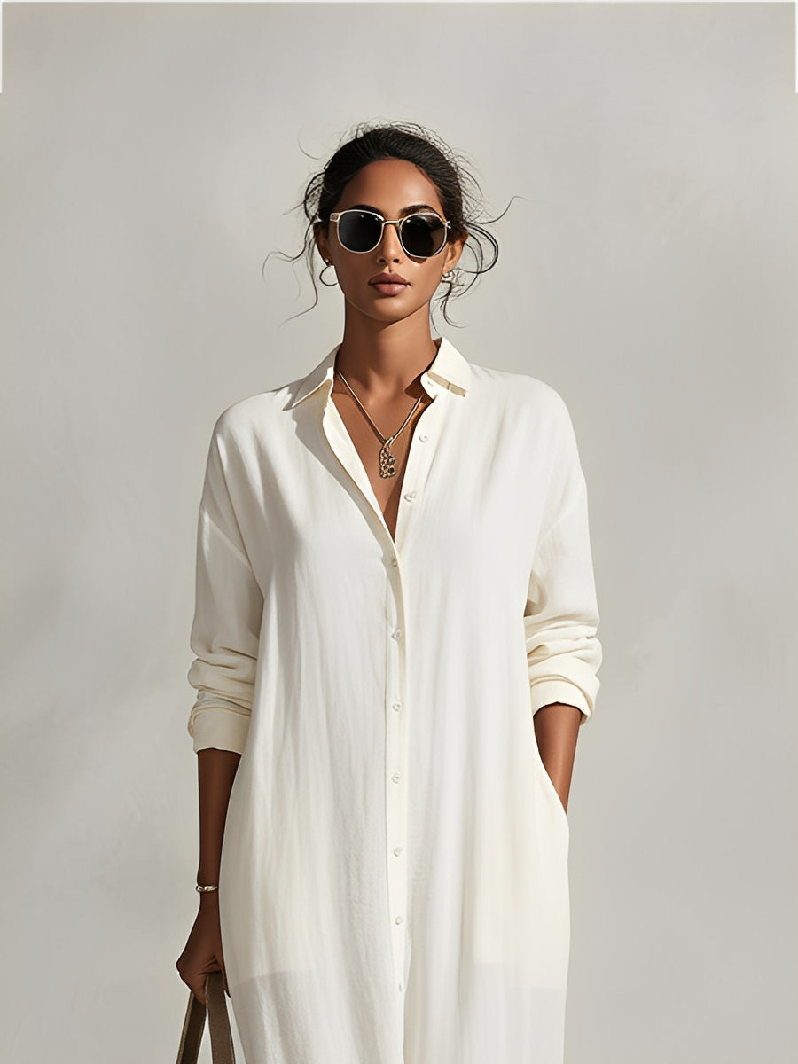 Women's Cream Textured Dress With Button-Front Detail & Relaxed Fit, Modern Casual-Chic Style Maxi Dress MDA1603L4I