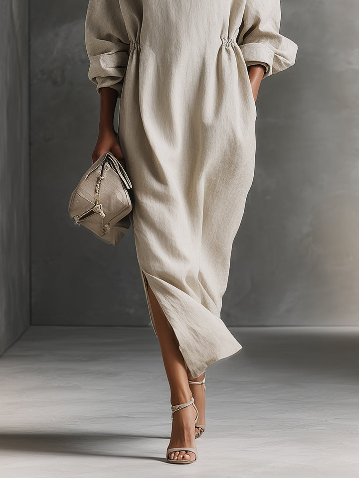 Women's Beige Relaxed Cotton Drawstring - Detail Maxi Dress MDA1121H0I