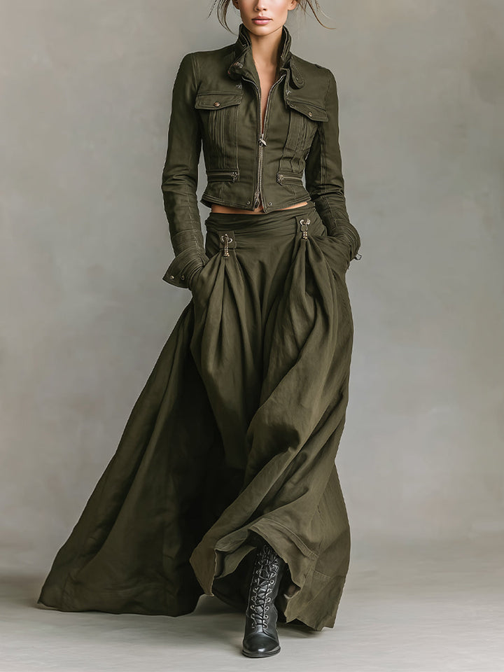 Women's Green Edgy 100% Cotton Zip - Front Cropped Jacket And Maxi Skirt Set MDA1819I7I