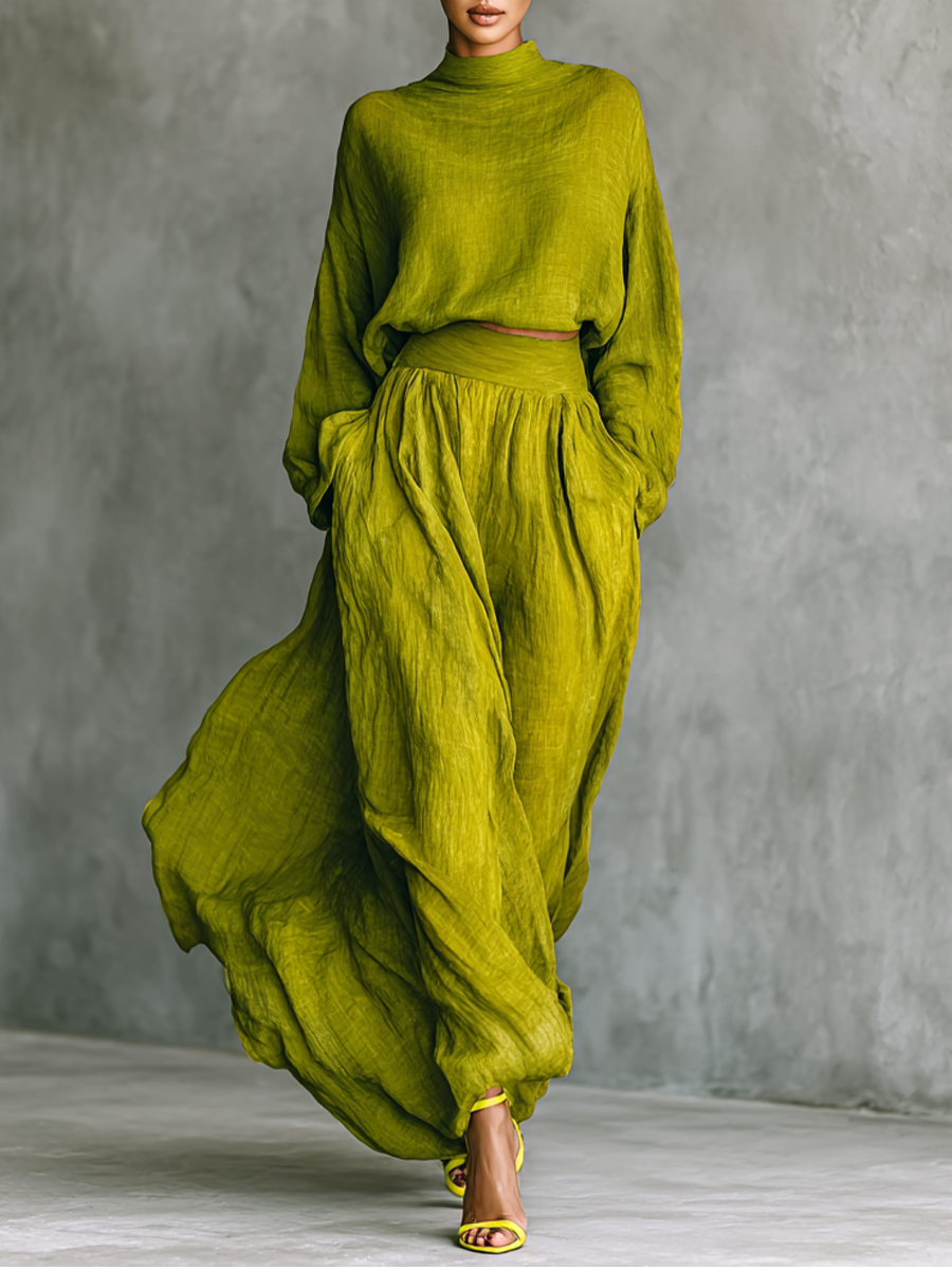 Women's Green Turtleneck Top and Maxi Skirt Set MDA2938G4T