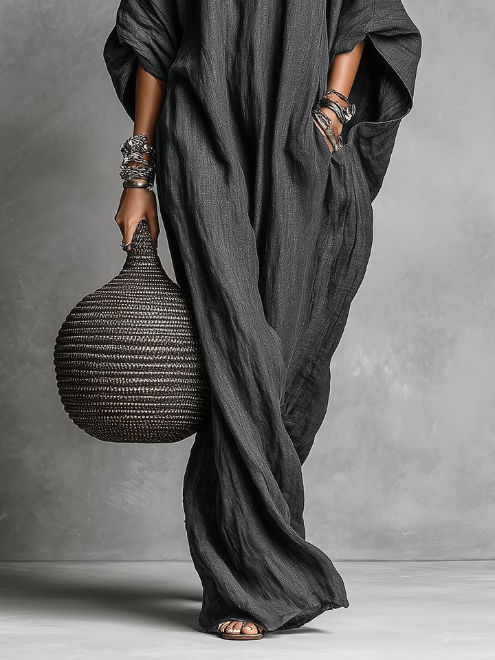 Women's Loose Cotton And Linen Batwing Sleeve Maxi Dress MDA1328K8Y