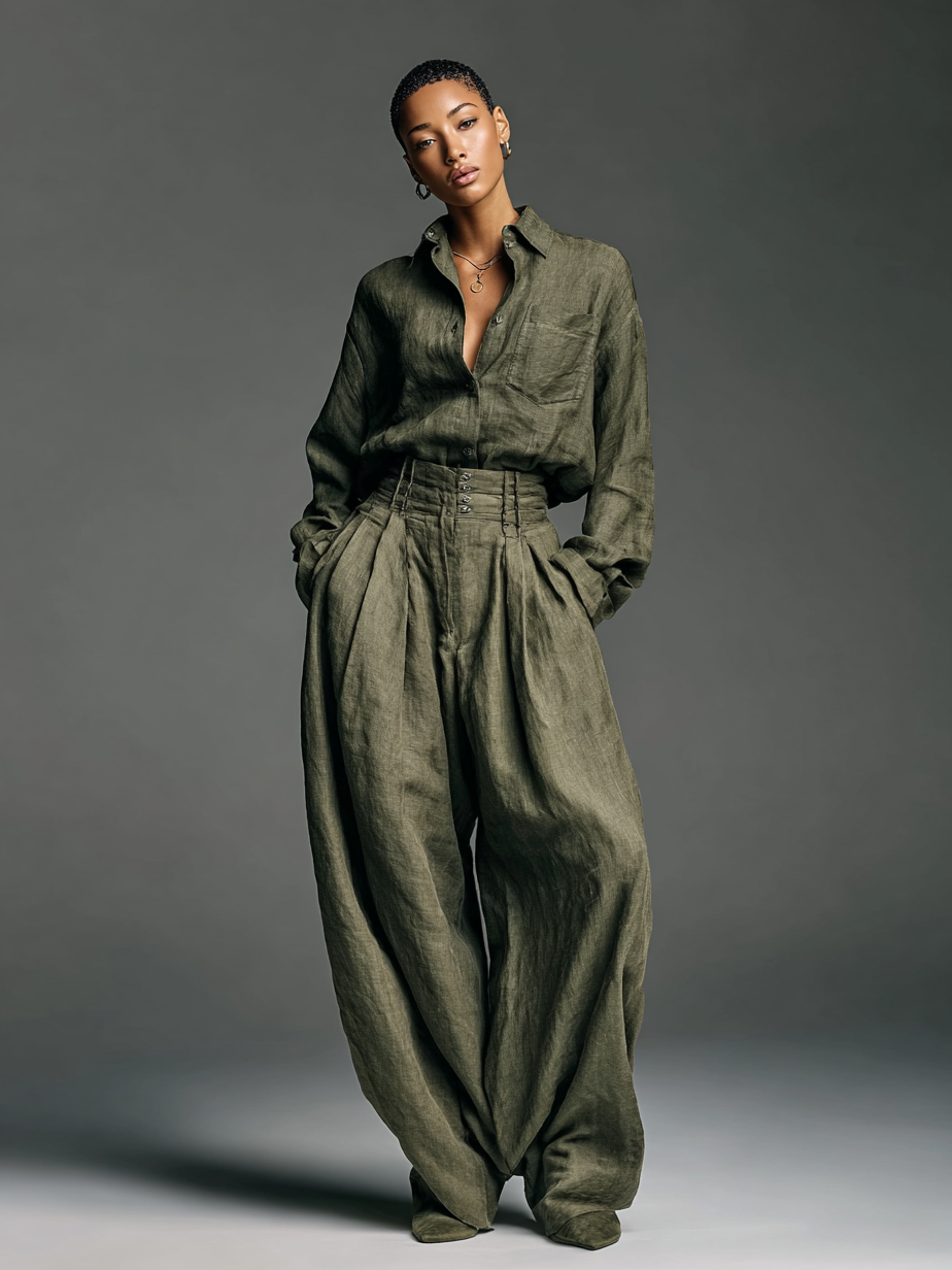 Women's Fashion Cotton And Linen Blended Long Sleeve Shirt Wide Leg Pants Two-Piece Set MDA3076G5Y