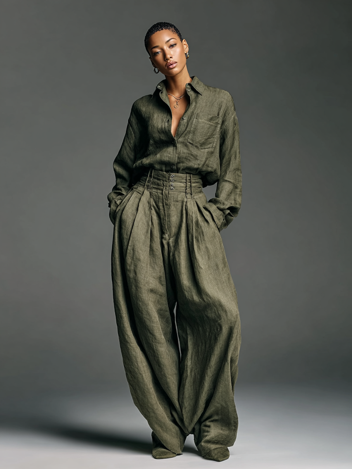 Women's Fashion Cotton And Linen Blended Long Sleeve Shirt Wide Leg Pants Two-Piece Set MDA3076G5Y