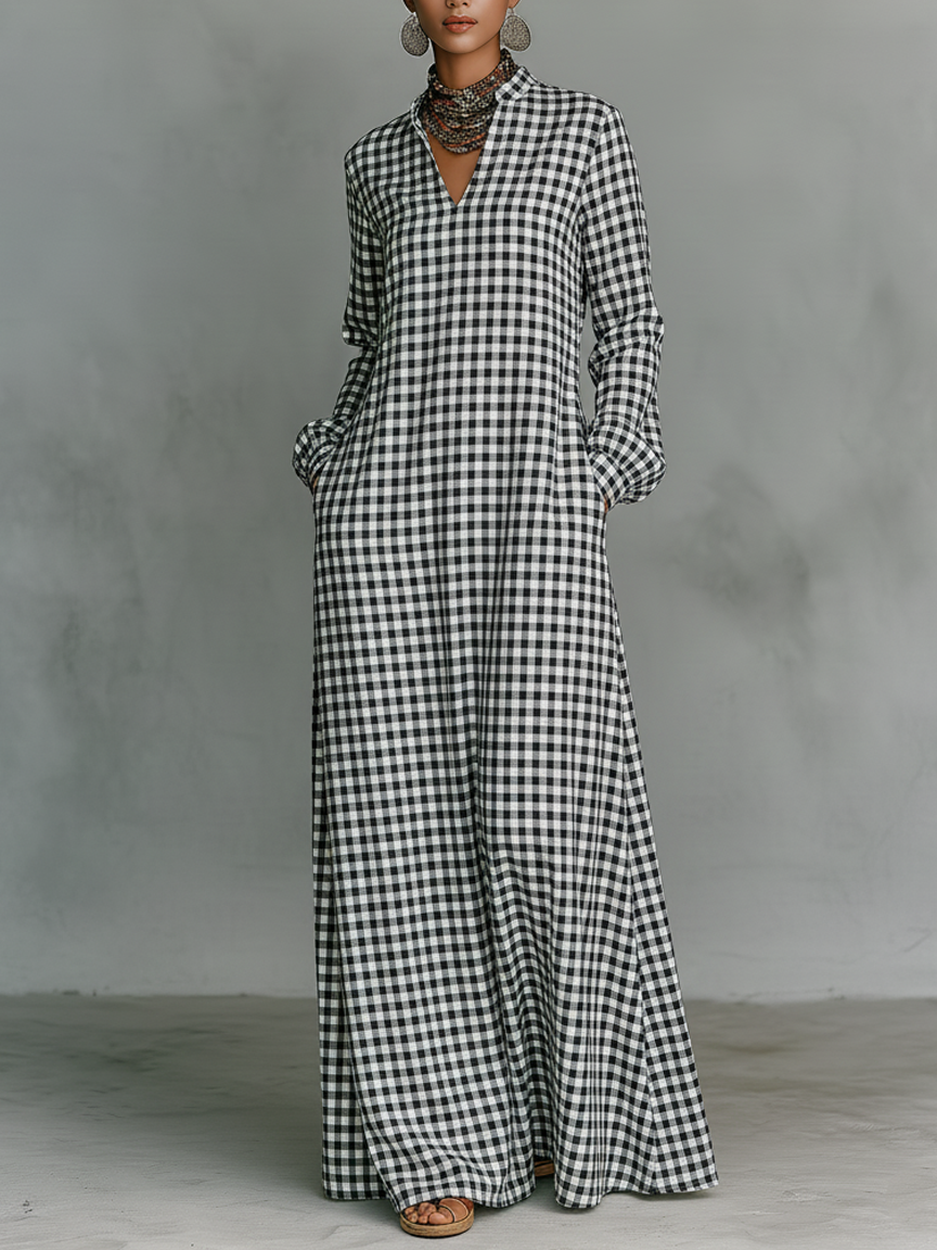 Women's Minimalist Cotton Plaid V-neck Long-sleeved Maxi Dress MDA2906K0Y
