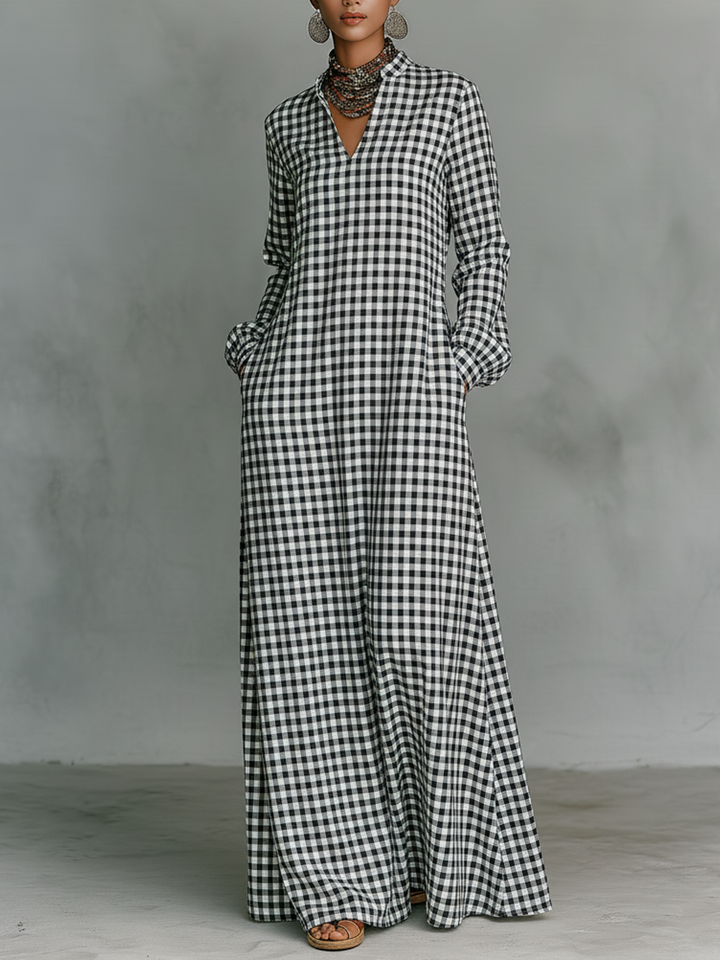 Women's Minimalist Cotton Plaid V-neck Long-sleeved Maxi Dress MDA2906K0Y