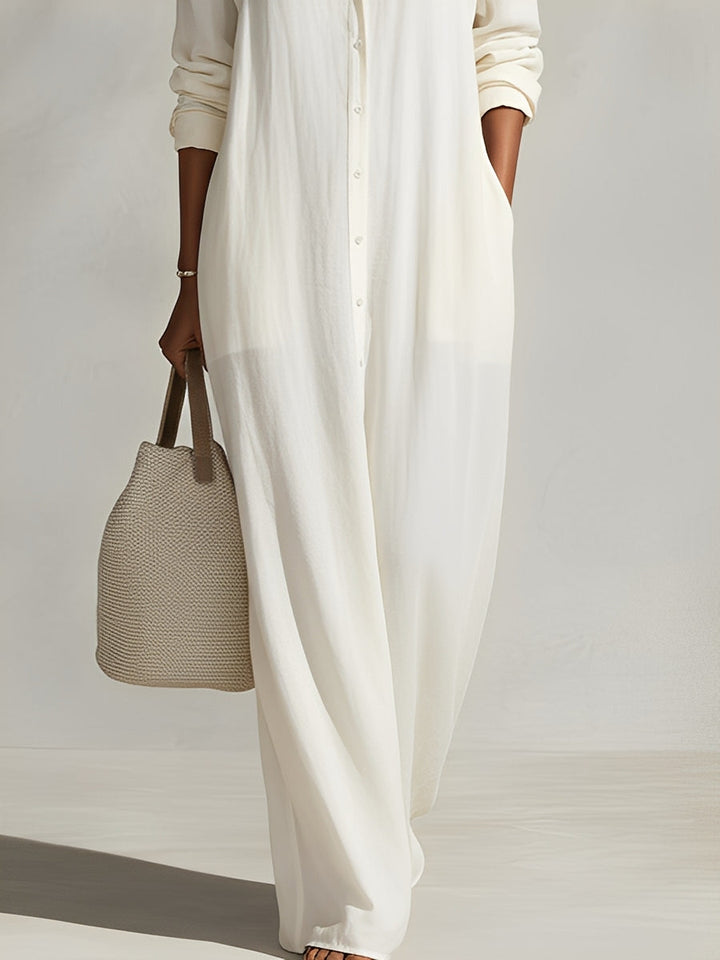 Women's Cream Textured Dress With Button-Front Detail & Relaxed Fit, Modern Casual-Chic Style Maxi Dress MDA1603L4I