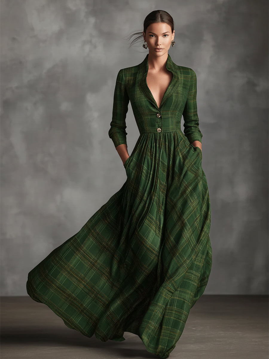 Women's Grey Sophisticated Tartan - Patterned Linen - Blend Flared Maxi Dress MDA0222I7I