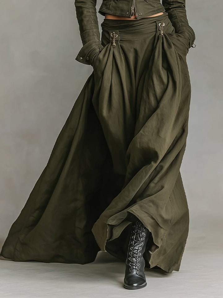 Women's Green Edgy 100% Cotton Zip - Front Cropped Jacket And Maxi Skirt Set MDA1819I7I
