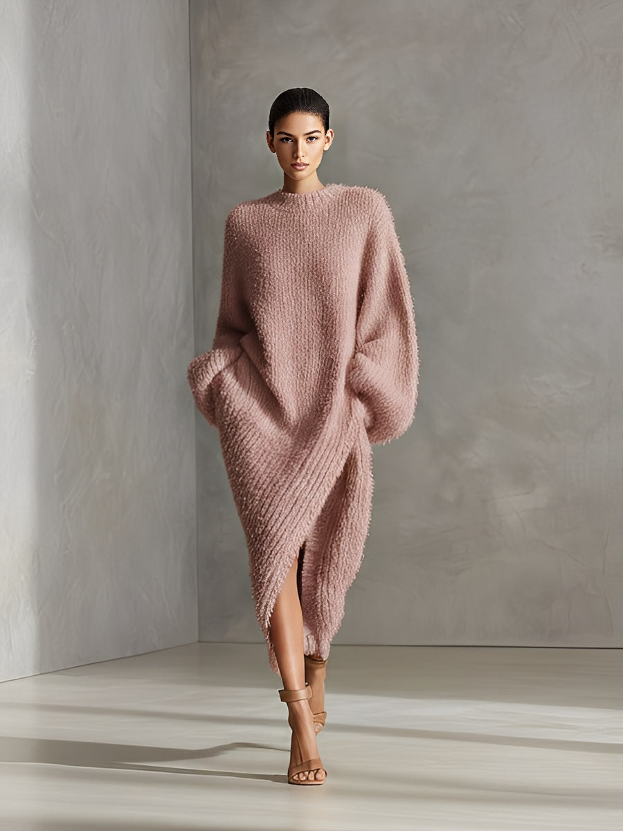 Women's Cream Elegant Faux Mink Knit Asymmetric Slit Midi Dress MDA0245I2I